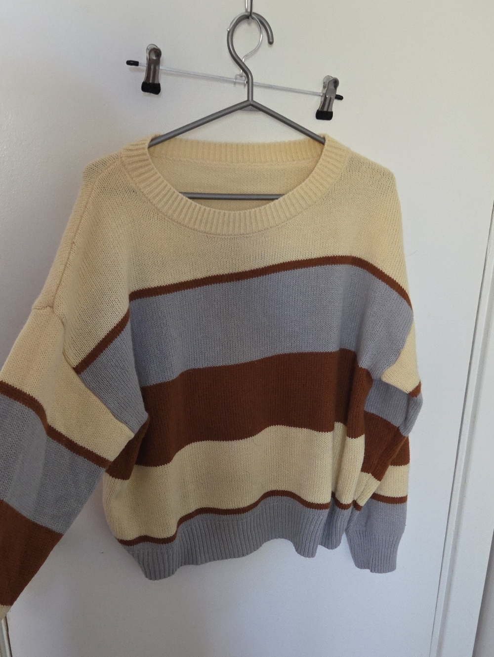 Striped Crewneck Sweater in Cream, Gray & Brown